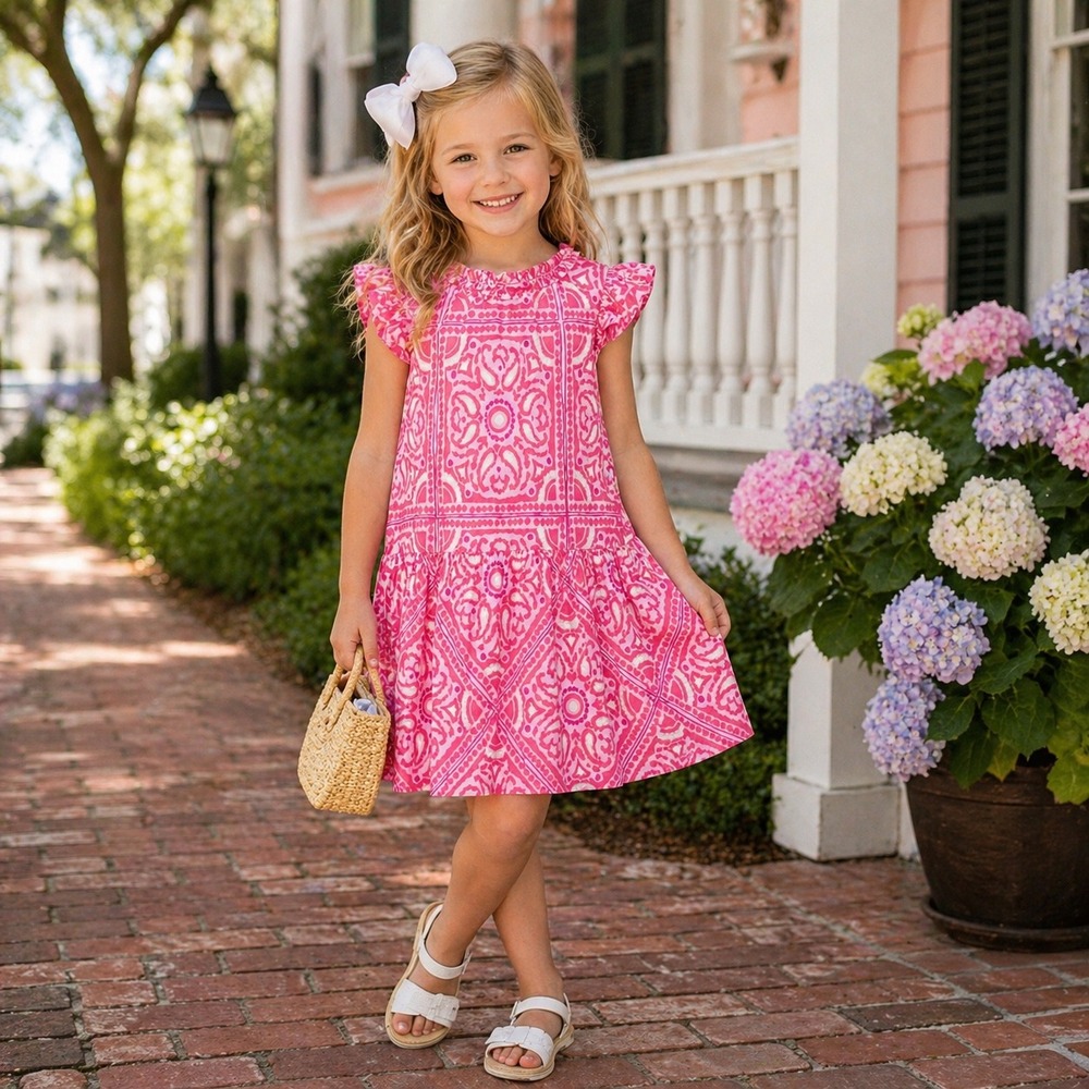 Vineyard Vines Medallion Flutter Sleeve Dress Girls Size 4 Pink Preppy Cotton